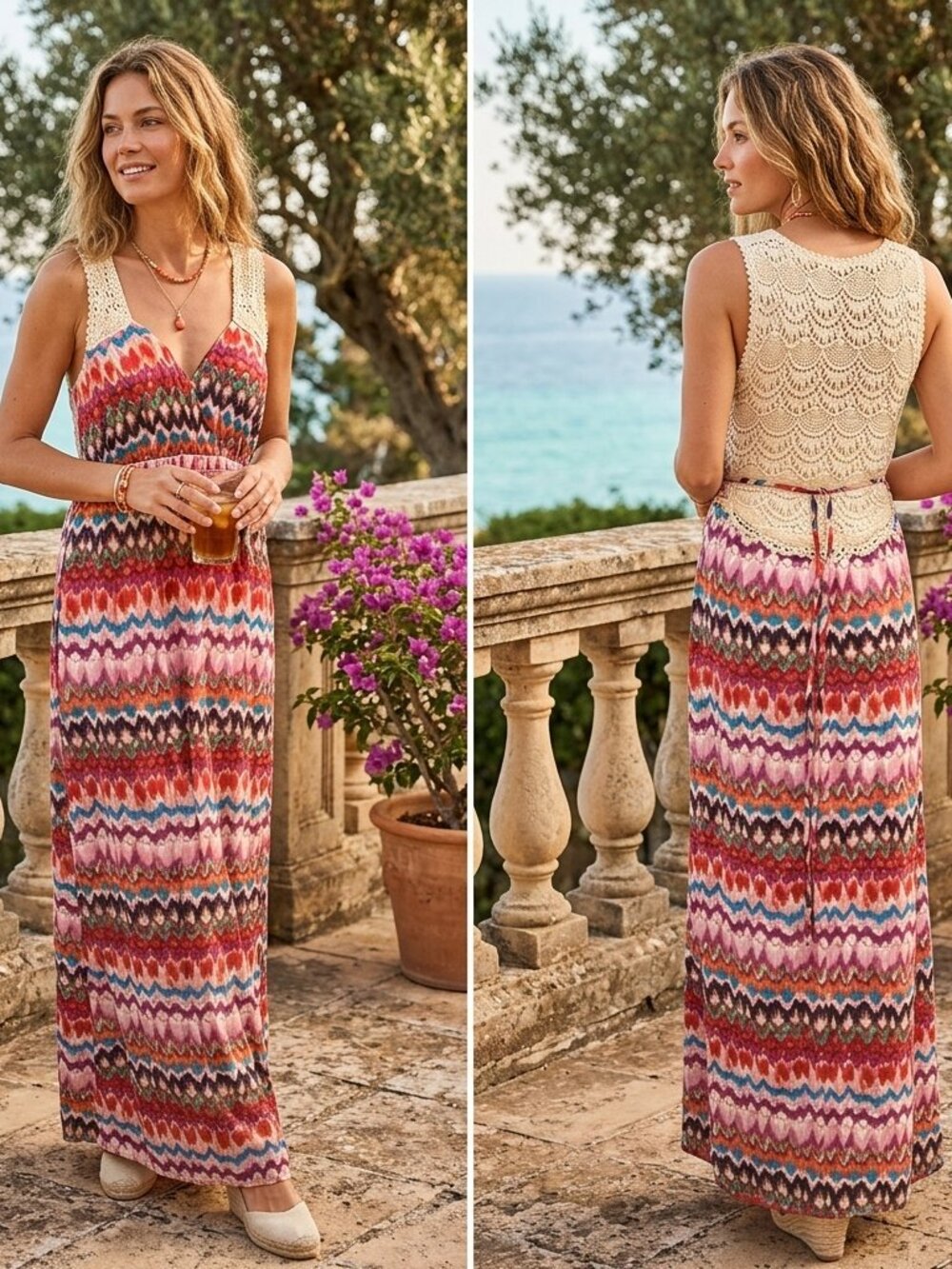 Karlie Red Maxi Dress Medium Multicolor Crochet Open Back Boho Festival Chevron